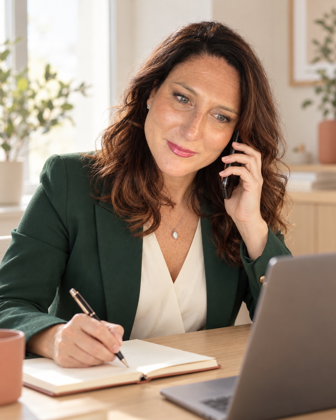 Roberta Acri al telefono mentre prende appunti alla scrivania